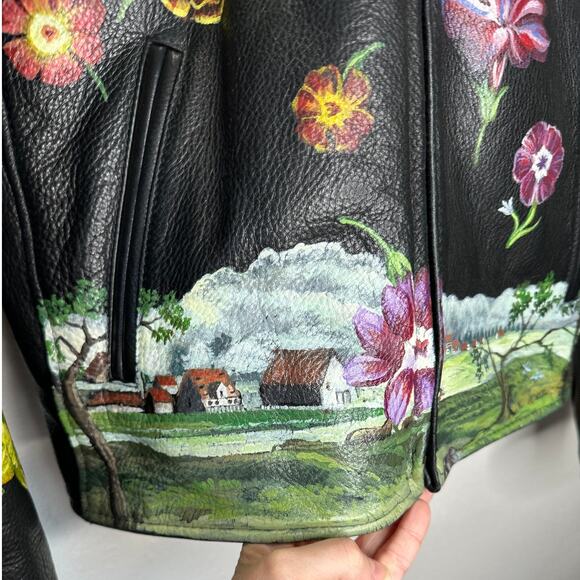 Libertine Hand-Painted Floral Skull Black Leather Moto Jacket M - Picture 3 of 16